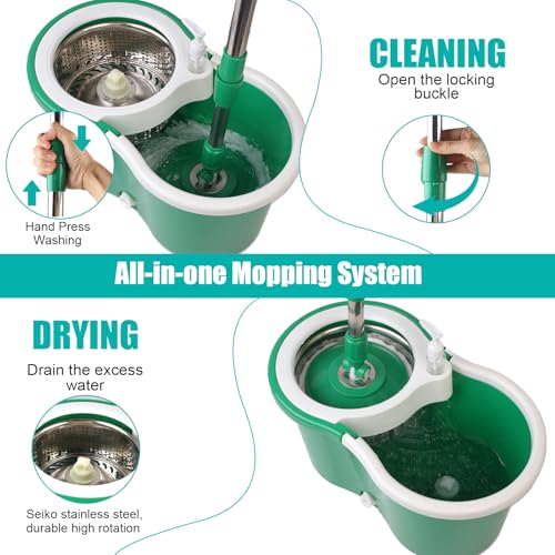 Spin Mop and Bucket with Wringer Set, 3 Microfiber Mop Heads, 61" Handle - color: Green