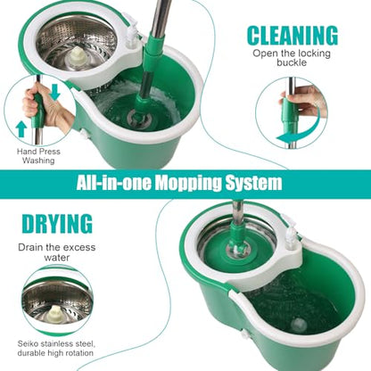 Spin Mop and Bucket with Wringer Set, 3 Microfiber Mop Heads, 61" Handle - color: Green