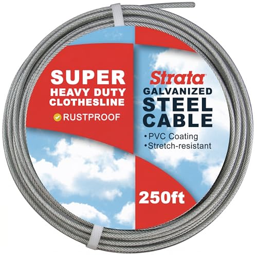 Strata Super Heavy Duty Clothesline Outdoor – 250 FT Rustproof & PVC-Coated Clothes line Wire, Gentle on Laundry, Easy to Install, Durable Cable – Perfect for Outdoor Drying (Silver - color: Super Heavy Duty, size: 250 feet