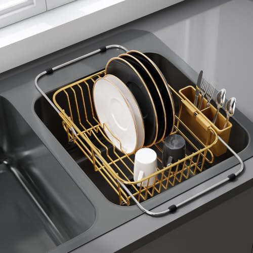 JASIWAY Gold Dish Drying Rack in Sink with Utensil Holder, RV, Apartment - color: Gold, size: For 10"-12"w Sink