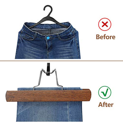 AMKUFO 20 Pack Wooden Pants Hangers with Clips Non Slip Skirt Hangers Trouser Clamp Hanger Solid Wood Hanger with 360° Swivel Hook Walnut - color: Walnut, size: 20 Pack