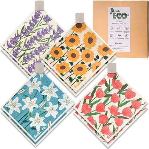 Eulnars Swedish Dishcloths for Kitchen, 8 Pack Flower Reusable Paper Towels Washable, Non-Scratch Swedish Kitchen Towels, Super Absorbent Cellulose Dish Cloths, Eco Friendly Gifts - color: Sunflower