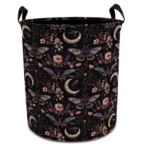 Moody Gothic Moth Floral Laundry Basket with Handles, Dark Academia Witchy Flower Butterfly Collapsible Waterproof Laundry Hamper Clothes Storage Basket for Bedroom Bathroom Home - color: style 01
