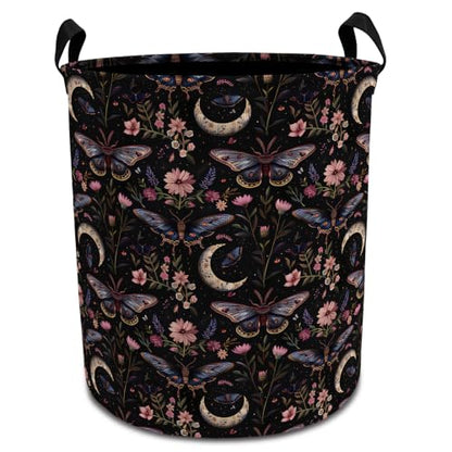 Moody Gothic Moth Floral Laundry Basket with Handles, Dark Academia Witchy Flower Butterfly Collapsible Waterproof Laundry Hamper Clothes Storage Basket for Bedroom Bathroom Home - color: style 01
