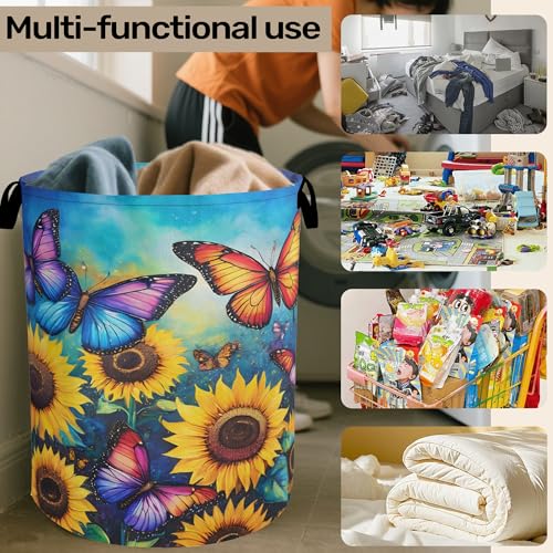 Butterfly Sunflower Laundry Basket, Heavy Duty 60L Dirty Clothes Hamper, Water Resistant Foldable Hamper for Girls Women - color: Butterfly Sunflower