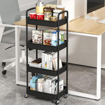 MOYIPIN 4-Tier Plastic Rolling Utility Cart with Handle, Black - color: Black, size: 4-Tiers without cups