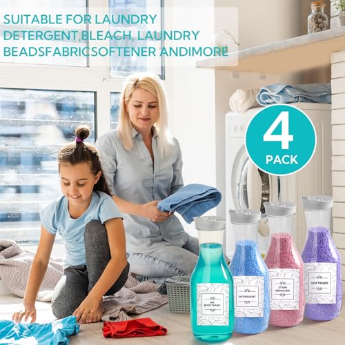 VZZNN 4 Pack Laundry Bottles 53oz Plastic Liquid Detergent Dispenser with 20 Label Laundry Room Organization for Liquid Powder Bleach Scent Booster Beads Soap Fabric Softener
