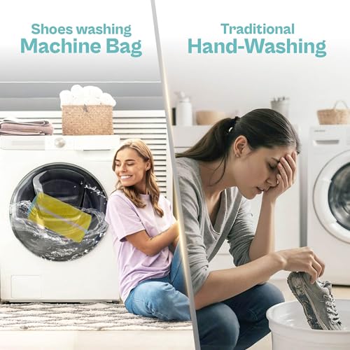 Shoe Washing Machine Bag – 2 Pack Mesh Laundry Bags for Sneakers, Tennis Shoes & Sports Trainers – Reusable Zippered Cleaning Bag to Protect Footwear, Comes with Metal Hanging Hook (Yellow)