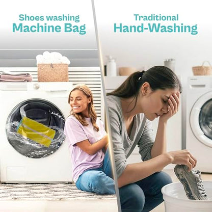 Shoe Washing Machine Bag – 2 Pack Mesh Laundry Bags for Sneakers, Tennis Shoes & Sports Trainers – Reusable Zippered Cleaning Bag to Protect Footwear, Comes with Metal Hanging Hook (Yellow)