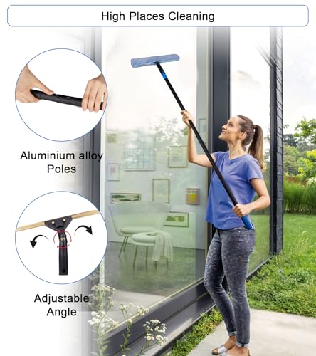 Swivel Squeegee Kit with 4 Extension Poles,Glass Scraper, Bendable Duster, 2 Window Scrubber Cloth for Glass, Car, Floor, Home,Garden - color: Black