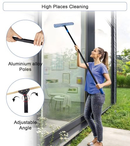 Swivel Squeegee Kit with 4 Extension Poles,Glass Scraper, Bendable Duster, 2 Window Scrubber Cloth for Glass, Car, Floor, Home,Garden - color: Black