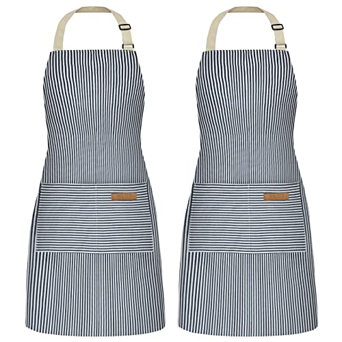 NLUS 2 Pack Cooking Aprons for Women with Pockets, Adjustable Kitchen Bib Aprons Chef Aprons for Women Men(Blue Pinstripes) - color: Navy Blue