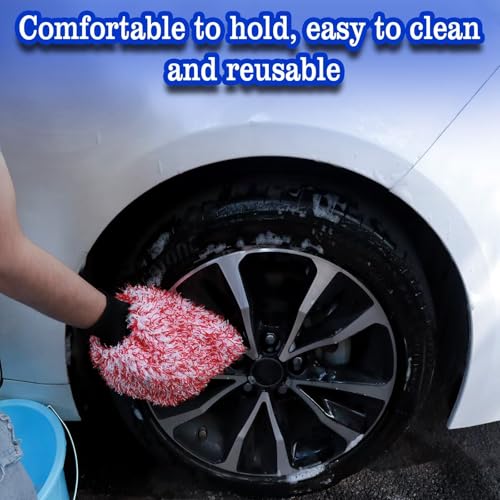 Microfiber Car Wash Mitt - 3 Pack Scratch Free Mitts with Blue, Red and Black, Machine Washable, Lint Free, 10 Inch X 8 Inch Glove