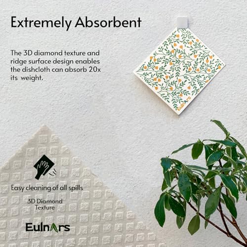 Eulnars Swedish Dishcloths for Kitchen, 8 Pack Green Reusable Paper Towels with Clips, Non-Scratch Swedish Kitchen Towels, Super Absorbent Cellulose Sponge Cloths, Dishwasher Safe, No Odor - color: Green Leaves