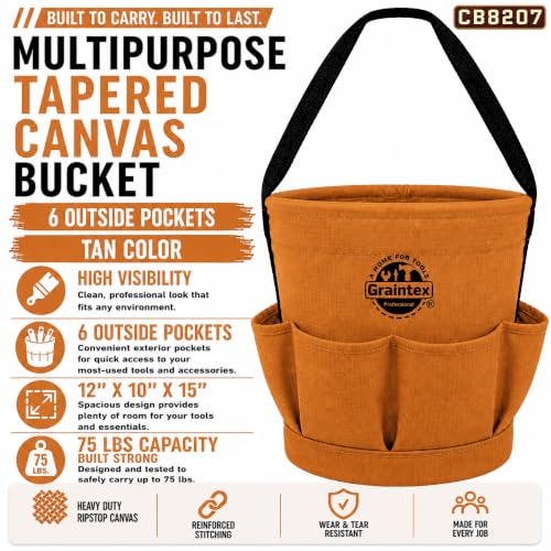 Graintex Tapered Canvas Bucket 12"x10"x15", Utility Tool Bucket 6 Pockets Outside, Reinforced Base & Carry Handle, Ripstop Canvas, Multi-Purpose Bag for Jobsite & Home Use - Tan - color: Tan