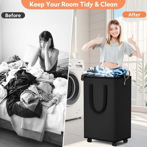 SpaceTrove Rolling Laundry Basket with Wheels, Laundry Hamper, 100L, Black - color: Black, size: 100L