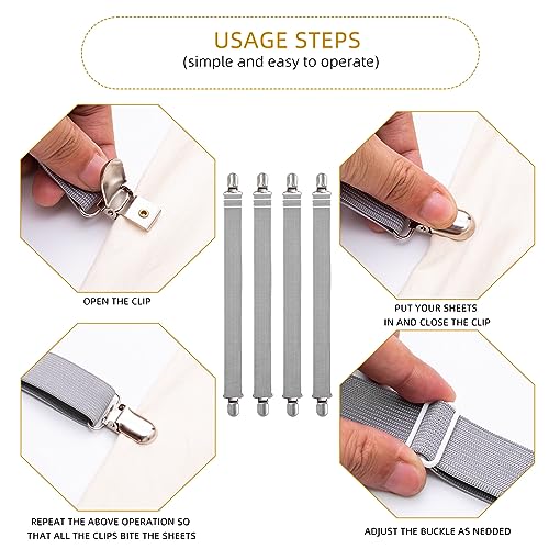 4Pcs Adjustable Bed Sheet Straps Clips, Elastic Mattress Sheet Fasteners Holder and Suspenders, Grippers to Hold Sheet, Mattress, Sofa, Couch, Table Cloth, Recliner Ironing Board Cover and More - color: 4pcs Grey