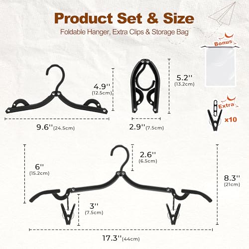 HOUSE DAY Black Travel Hangers with Clips, 20 Pack Foldable Clothes Hangers - color: Black, size: 20 Pack + 10 x Clips + 2 x Storage bag