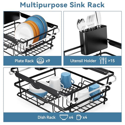 TOOLF Dish Drying Rack in Sink with Utensil Holder, RV, Apartment, Black - size: XLarge Size