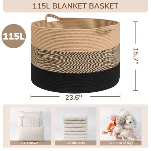 INDRESSME 115L Extra Large Woven Rope Blanket Basket Living Room - color: Camel Mix & Black, size: 23.6"D x 15.7"H