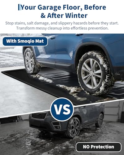 Garage Mat with Raised Edge, 1000D PVC Non-Slip Floor Protector for Cars Trucks SUVs, Snow Melt Containment Tray for Winter, Comes with Squeegee & 8 Attachment Straps, 4 Size Options (7.9x16 to 8.6x22