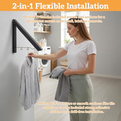 2 Pack Clothes Drying Rack, Wall Mounted Retractable Laundry Rack, 60LBS Heavy Duty Aluminum Foldable Clothes Hanger for Laundry Room, Bathroom, RV, Indoor & Outdoor Use, Drill-Free Installation