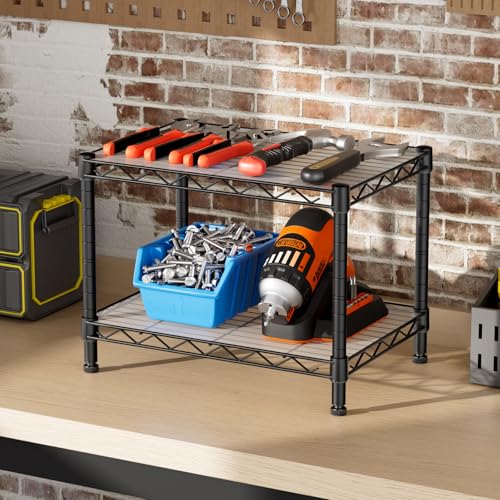SINGAYE Small Wire 2 Shelves Pantry Metal Shelf Floor Organizer Under Desk - color: Black, size: 2-Tier 11.8"D X 17.3"W X 12.2"H