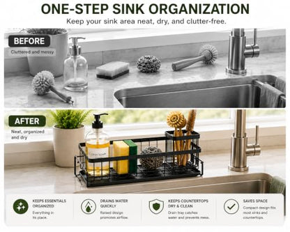 Kitchen Sink Caddy Organizer with Removable Drain Tray, Rustproof Sponge Holder for Kitchen Counter, Carbon Steel Organizer for Soap Dispenser, Scrub Brush & Cleaning Accessories.