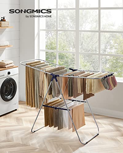 SONGMICS Clothes Drying Rack, Foldable Space-Saving Steel Laundry Rack - color: Silver + Blue, size: 1 Tier （21.7"d x 58.3"w x 39.4"h）