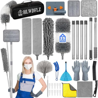 Microfiber Duster Kit 25pcs with 30 to 100 in Extension Pole, Grey - size: 25pcs