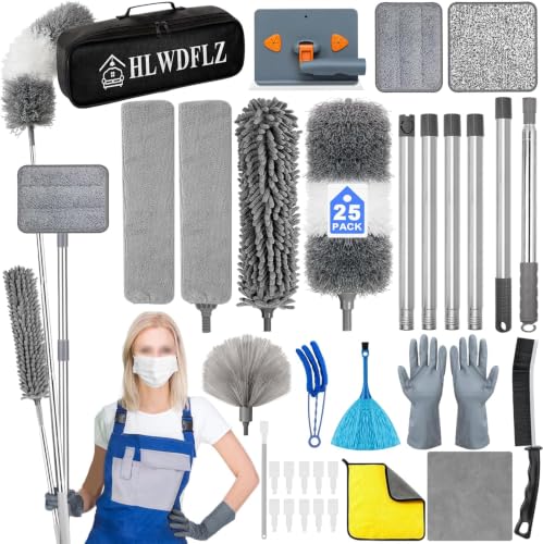 Microfiber Duster Kit 25pcs with 30 to 100 in Extension Pole, Grey - size: 25pcs