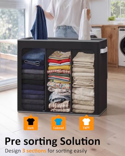 Optish 180L Laundry Hamper 3 Section, Large Hamper with Mesh Bags & Lid - color: Black