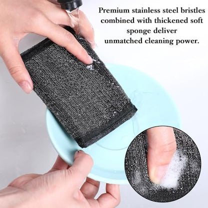 6 Pack Steel Wool Scrubber Sponges, Heavy Duty Stainless Steel Scouring Pads Reusable Non Scratch Metal Sponges Hand-Friendly Kitchen Cleaning Tool for Pots and Pans Tough Grease & Grime (Black) - color: Black