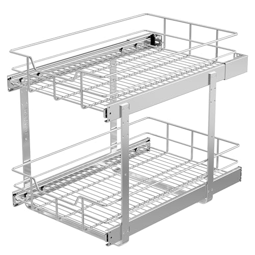 2 Tier Pull Out Cabinet Organizer 15" W X 22" D, Chromed, Full Slide Out - color: 2 Tier - Chrome-Plated, size: 15" W X 22" D