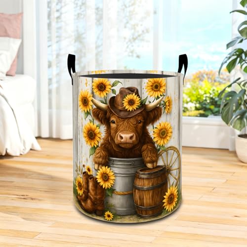 Highland Cow Laundry Basket with Handles, Rustic Sunflower Foldable Clothes Hamper, Vintage Western Waterproof Oxford Cloth Storage Bin Gifts Decor for Bedroom Bathroom Closet, 19.7"X15.7" - color: Highland Cow
