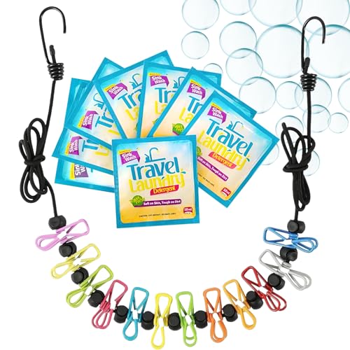Travel Laundry Detergent 8 Pack with Clothesline, 12 Clips, Portable Kit - size: 0.34 Fl Oz (Pack of 8)
