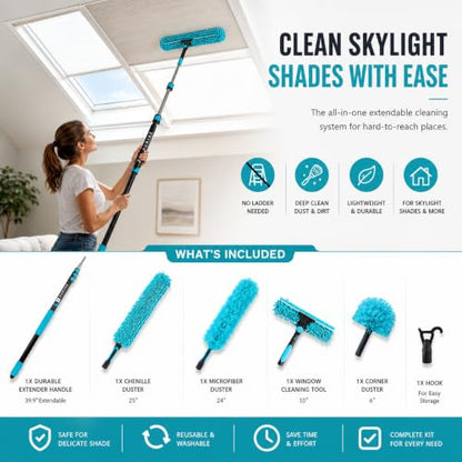 High Ceiling Duster Kit with 3-7.5T Heavy Duty Extension Pole, Reaches Up to 25FT, Includes Microfiber Feather Duster, Cobweb and Ceiling Fan Duster, Window Squeegee Cleaner & Skylight Hook (7FT) - size: 7.5FT