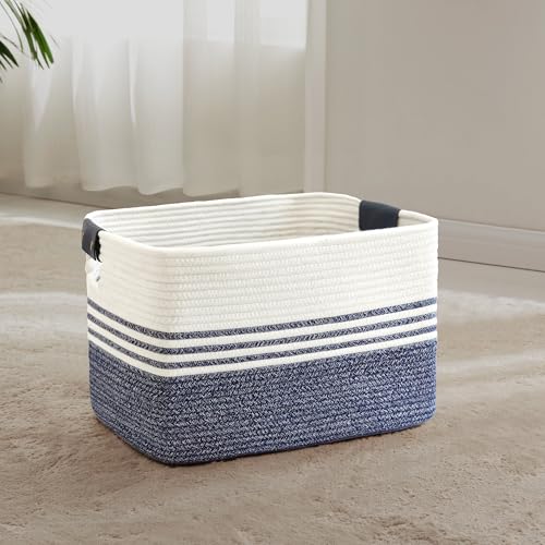 45L Woven Laundry Basket Hamper with Leather Handles,Denim Blue - color: Denim Blue, size: 45L