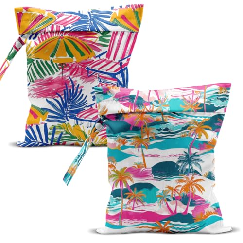 Swimsuit Bag Wet Bags for Travel Reusable Waterproof Dry Bags Diaper Bag Tropical Palm Beach Wet Bag for Swimsuit Towels Beach Gym 10.2×12.6 Inches - color: Tropical Palm Beach