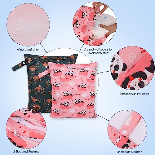 2pcs Travel Waterproof Laundry Bag, Cloth Diaper Wet Dry Bags with Handle & 2 Zipper Pockets, Reusable Washable Dirty Clothes Bag for Baby Adult Travelling Hanging, Bathing Beach Pool Daycare - color: Panda & Sloth