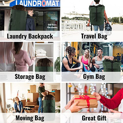 Laundry Bag Backpack 125L Extra Large, Heavy Duty 900D Coated Oxford Fabric, 3 Pockets Durable Travel Laundry Bags with Soft Padded Shoulder Straps for College Dorm, Apartment, Laundromat (Army Green) - color: Army Green