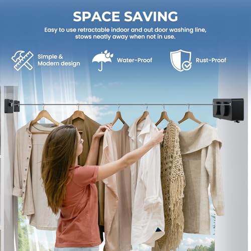 Retractable Clothesline Indoor Outside Heavy-Duty, Upgrade 304 Double Stainless Steel Shower Room Clothes line, Fit Rv Balcony Courtyards Indoor Drying Rack Clothesline, 13.8ft - style: black