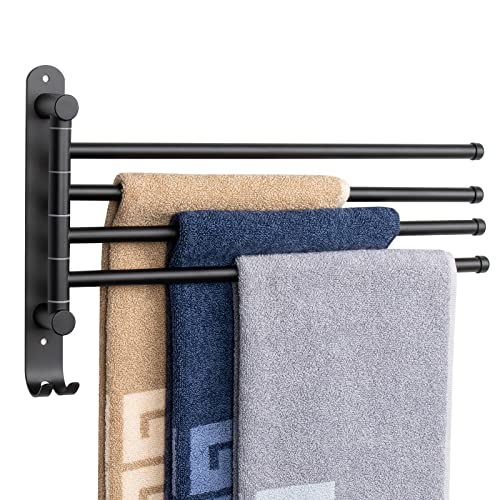 NearMoon Swivel Towel Rack, 13.8" Thicken 304 Stainless Steel 4-Arm Towel Bar, Space Saving Wall Mounted Towel Holder with Hook, Rustproof Swing Out Towel Hanger for Bathroom, Kitchen (Matte Black) - color: Matte Black, size: 13.8 Inch-Round