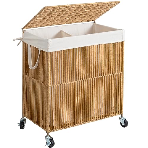 WOWLIVE Rolling Laundry Basket Wheels, Handwoven Laundry Hamper with Lid - color: Natural, size: 115L(22 x 13 x 26.4 Inches)