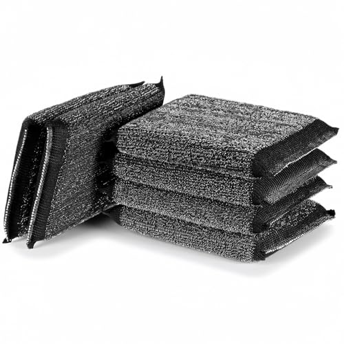 6 Pack Steel Wool Scrubber Sponges, Heavy Duty Stainless Steel Scouring Pads Reusable Non Scratch Metal Sponges Hand-Friendly Kitchen Cleaning Tool for Pots and Pans Tough Grease & Grime (Black) - color: Black