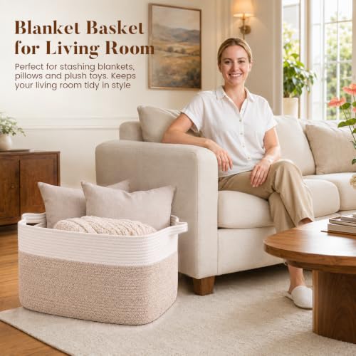 65L Large Woven Blanket Basket for Living Room, 19.7"x15.7"x11.8" - color: Brown & White, size: 19.7"x15.7"x11.8"