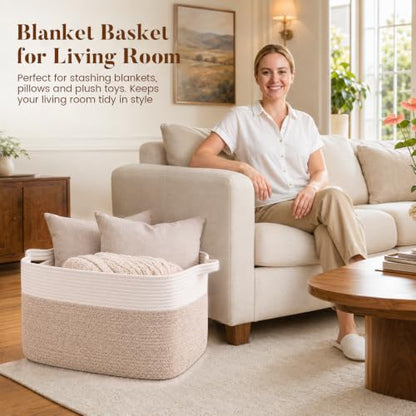 65L Large Woven Blanket Basket for Living Room, 19.7"x15.7"x11.8" - color: Brown & White, size: 19.7"x15.7"x11.8"
