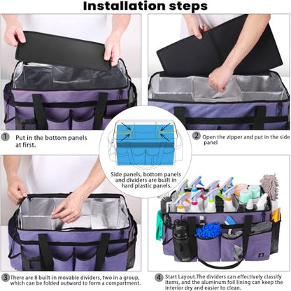 Extra large Cleaning Caddy Bag Built-in hard plastic Aluminum foil lining - color: Purple
