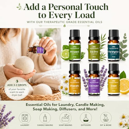Essential Oils for Laundry, Dryer Balls & Diffusers | 60ml | 6 Pack of the Most Sought-After Scents for Aromatherapy | Lavender, Tea Tree, Eucalyptus, Bergamot, Lemon & Chamomile - color: Top 6 Essential Oil Set