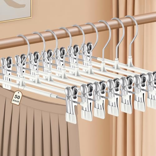 POZEAN Pants Hangers with Clips for Women 50 Pack, 12Inch Adjustable Heavy Duty Skirt Hangers, Space Saving Non-Slip Shorts Jeans Trousers Clothes Hangers, White - color: White, size: 50Pack